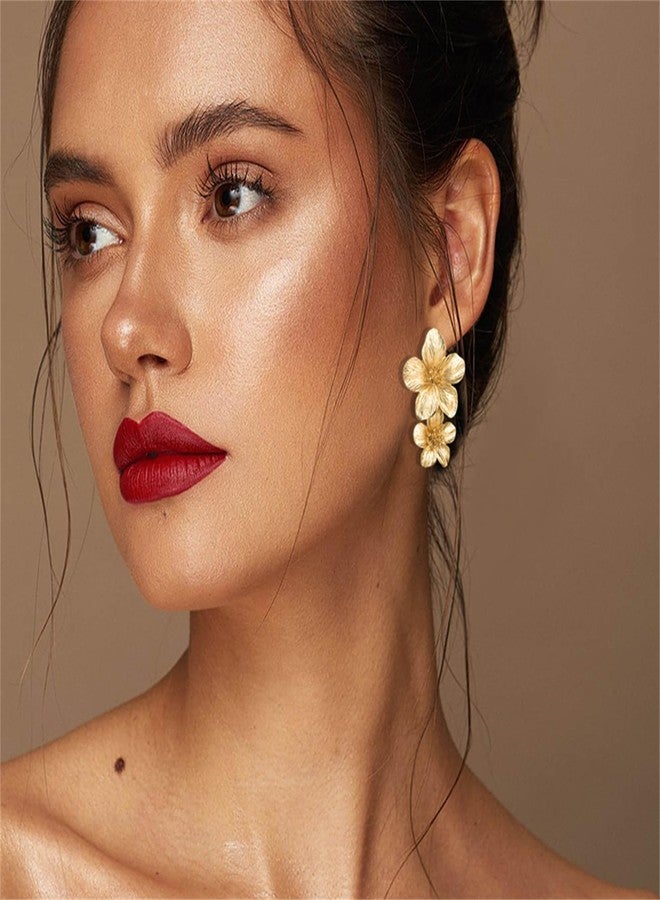 WCRAZYE Gold Chunky Flower Earrings Necklace Sets for Women Boho Statement Flower Earrings Gold Layered Floral Flower Chunky Collar Necklace Wedding Prom Fashion Jewelry (Double Flower) - Image 3